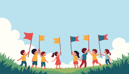 Joyful children waving colorful flags in a vibrant landscape, celebration
