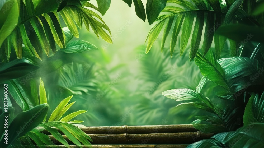 Aufkleber lush green jungle background with bamboo frame and sunlight filtering through leaves
