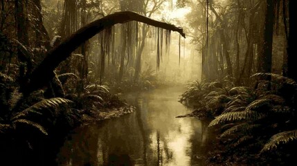 Moody Swamp Landscape With Overhanging Branch and Golden Morning Mist