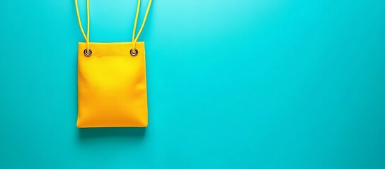 Vibrant Yellow Small Hanging Bag Against a Turquoise Background