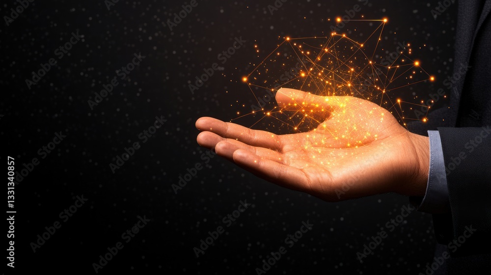 Poster Conceptual Hand with Glowing Particles and Connections Against Dark Background