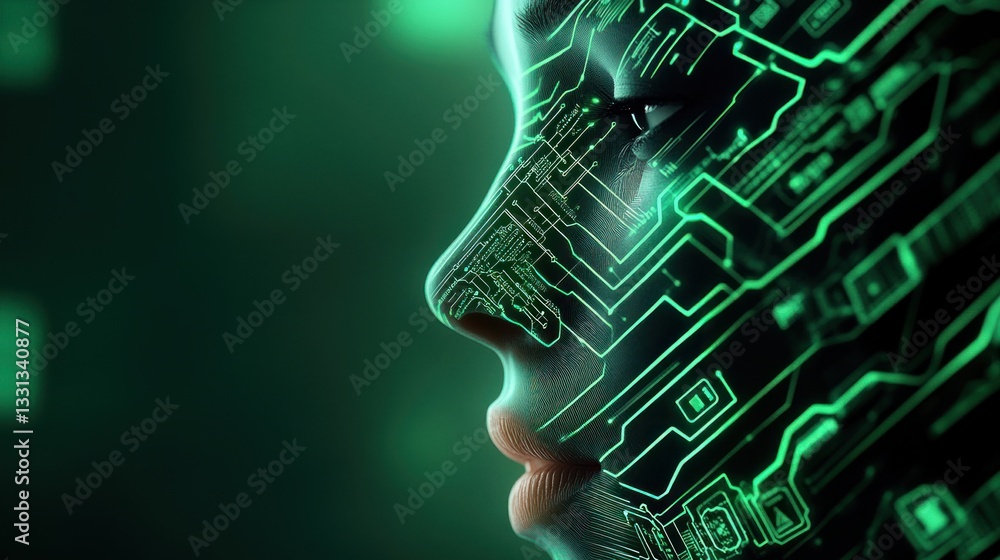 Poster futuristic portrait of a woman with digital circuit patterns and neon glow effects