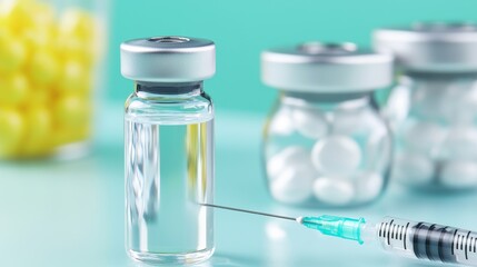 Medical Syringe and Vials with Liquid and Pills on Light Background
