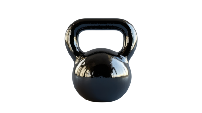 Shiny black kettlebell on transparent background for fitness training