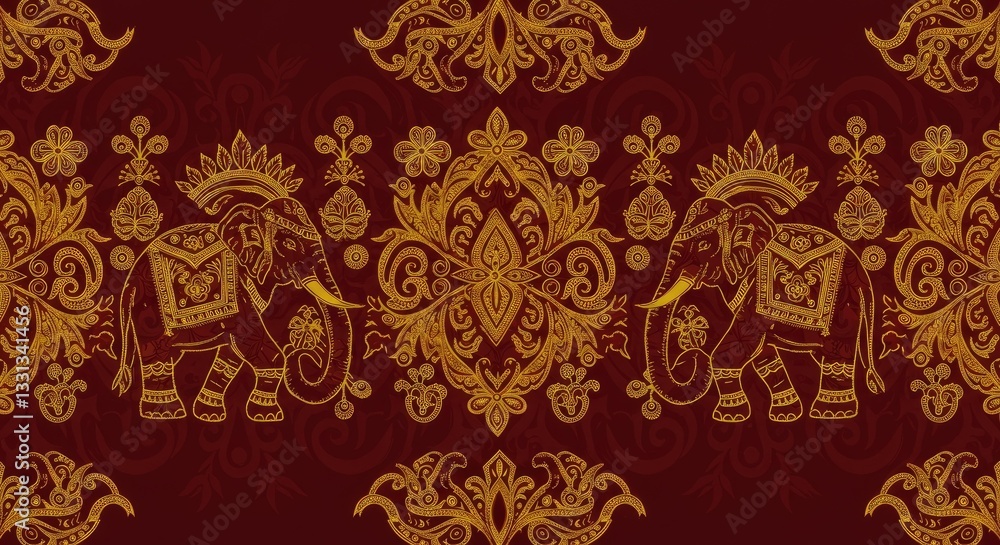 Poster indian-inspired: a mesmerizing pattern of intricate gold details with elephant motifs and decorative