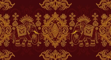 Indian-Inspired: A mesmerizing pattern of intricate gold details with elephant motifs and decorative elements against a rich red backdrop. A visual representation of heritage and design.
