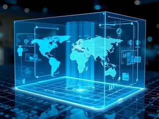 Holographic world map in a digital cube, global technology and data visualization concept.