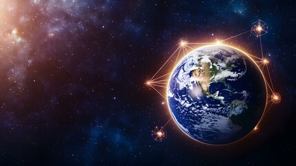 Obraz premium The image shows planet Earth in space, encircled by glowing lines connecting to several geometric shapes, suggesting a network or interconnected system within a cosmic background.