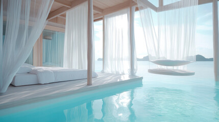 Plakat A minimalist retreat built on stilts over a clear blue lagoon, featuring an all-white design with soft organic curves. 