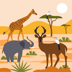 African jungle, wildlife animals, safari, savanna, vector illustration