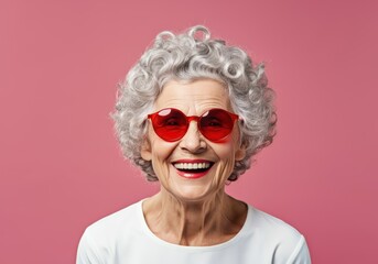 Cheerful elderly woman with curly hair wearing stylish red sunglasses