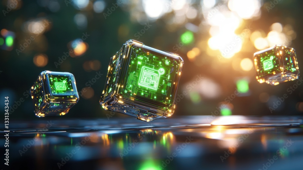 Aufkleber Futuristic glowing cubes with green circuits and digital patterns floating in the air