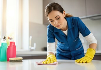 Woman cleaning kitchen countertop with spray bottles and cloth
