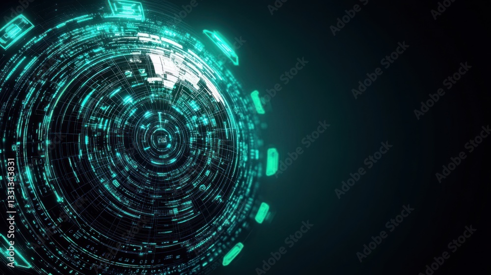 Poster Futuristic Digital Technology Interface with Glowing Elements and Circular Design