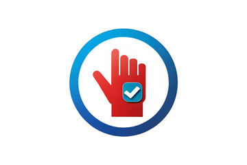 Obraz premium Red hand symbol with checkmark in blue circle, representing confirmed choice and voting in an election.
