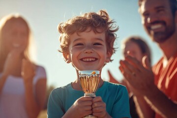 Child celebrating victory with trophy at sports event outdoor setting joyful atmosphere capturing the essence of achievement and goal-oriented success