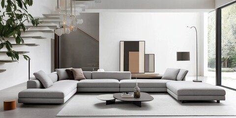 Modern sectional sofa in a minimalist living room with large windows and a floating staircase.