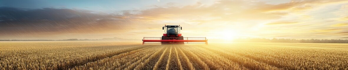 Fototapeta premium Tractor Harvesting Crops in Golden Field at Sunrise Landscape