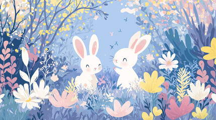 Obraz premium Hand-drawn whimsical Easter bunnies playing in a magical garden with pastel colors. Charming spring illustration perfect for holiday designs, greeting cards, and decorations