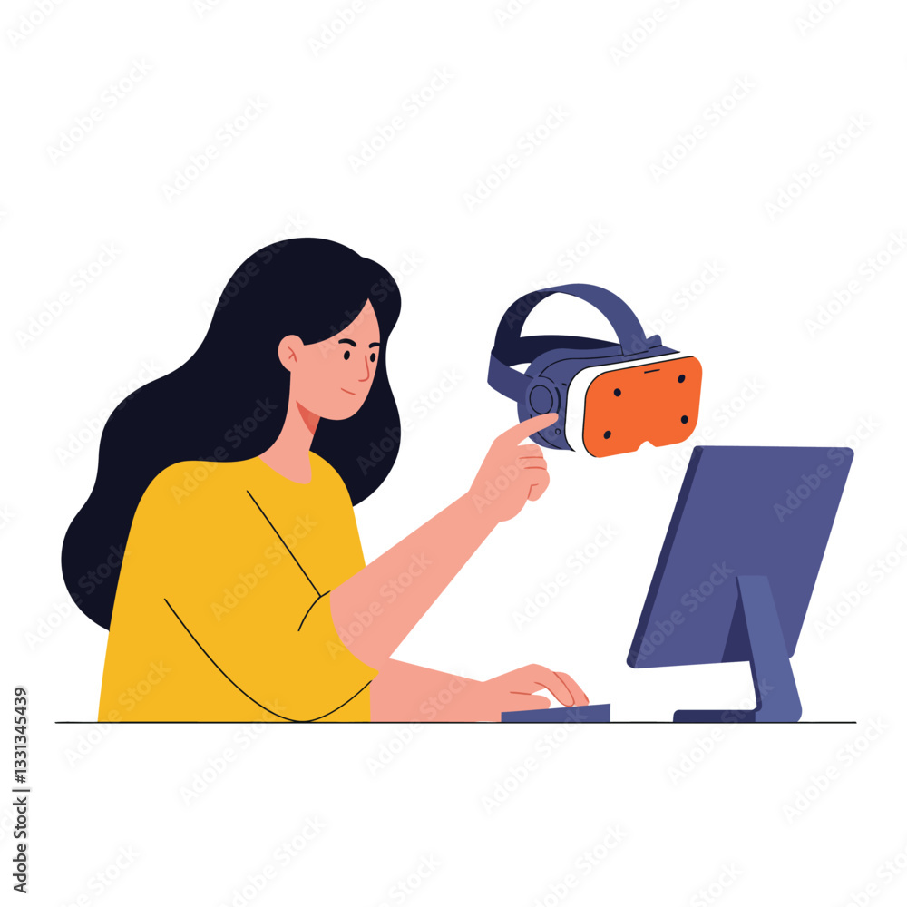 Poster woman using virtual reality headset while interacting with computer in flat vector art