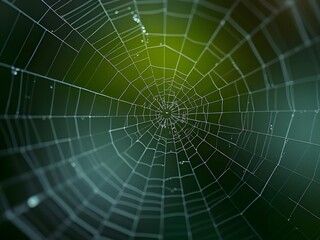 Fototapeta premium Intricate Spider Web Close-Up Nature's Architectural Marvel, Detailed Web Structure, Dew Drops, Green Background.