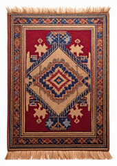 Ornate rectangular rug with intricate geometric patterns in red, beige, and blue. It has detailed...