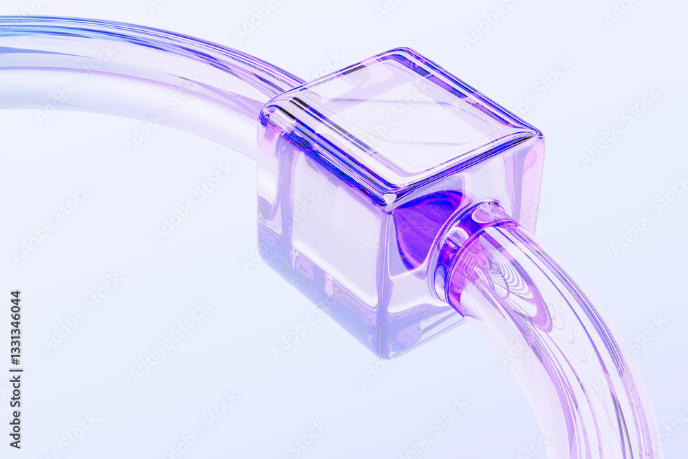 Poster 3d glass holographic cube connected to tube. Abstract background with transparent gradient block and curve line shape, rainbow light texture. Render digital graphic design tech banner. 3D illustration