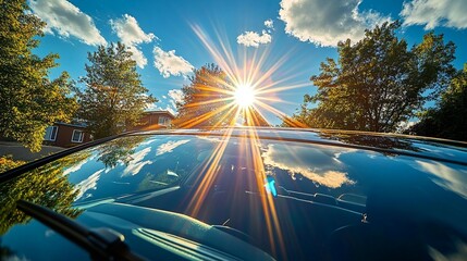 Bright sun shining over a car windshield, reflecting on the glass.