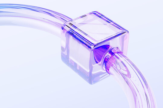 3d glass holographic cube connected to tube. Abstract background with transparent gradient block and curve line shape, rainbow light texture. Render digital graphic design tech banner. 3D illustration