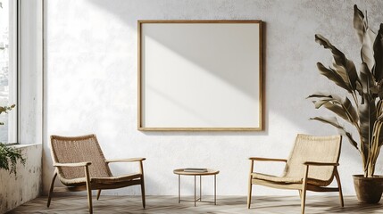 Bohemian Minimalist Living Room with Empty Frame Mockup