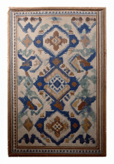 Vintage-style rug with intricate geometric patterns in blue, brown, and cream. The design features interlocking diamonds and tribal motifs, framed by a decorative border
