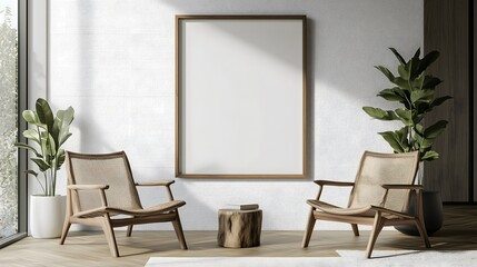 Fototapeta premium Bohemian Minimalist Living Room with Empty Frame Mockup