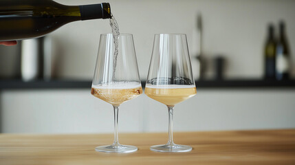 Two wine glasses with white wine being poured, embodying elegance and simplicity in a timeless moment.