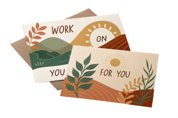 Two minimalist greeting cards feature earthy tones, sun, plants, and hills. Messages read Work On You and For You. Perfect for encouragement.
