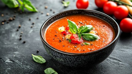 A bowl of gazpacho soup placed on a dark stone surface