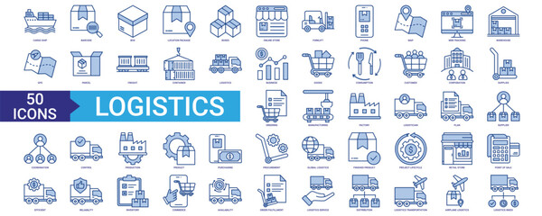 Logistics icon collection set. Containing cargo ship, purchasing, business, goods, consumption, customer, corporation, inventory, supplier, transportation icon. Simple blue vector.
