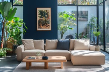 Modern sectional sofa in beige with wooden coffee table, indoor plants, and a blue wall in a sunlit living room.