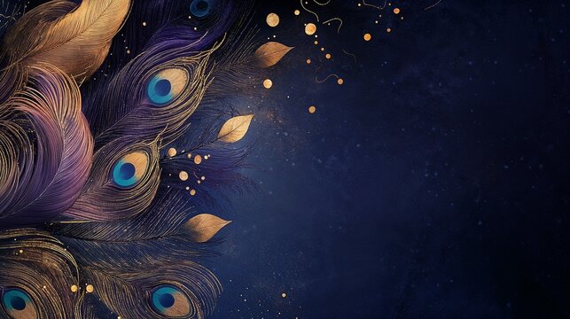 An elegant deep purple texture with subtle golden peacock feather accents. Horizontal Orientation