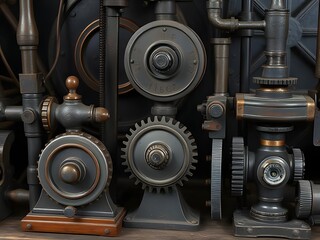 Detailed Steampunk Machine Gears and Pipes Industrial Metal Mechanism, Close-Up, Technical Illustration, Victorian Era Aesthetic.