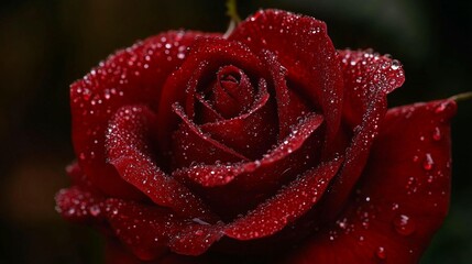 Close-up of a dark red rose covered in water droplets.