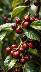 Obraz premium Ripe red cherries, a sweet summer fruit, clustered on a leafy branch