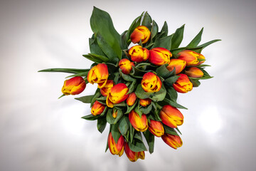 Bukiet tulipan&oacute;w pomarańczowo ż&oacute;łtych na stole, widok z g&oacute;ry