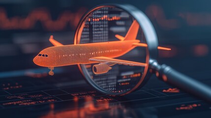 Magnified view of a digital airplane model with data analysis