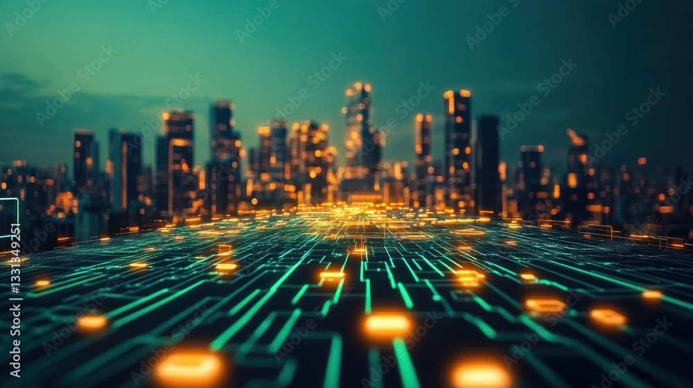 Aufkleber futuristic cityscape with digital pathways and illuminated skyline at dusk