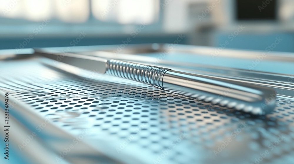 Poster close-up of a metallic spring mechanism on a perforated metal surface.