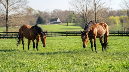 Horses Grazing on Lush Green Grass in a Meadow