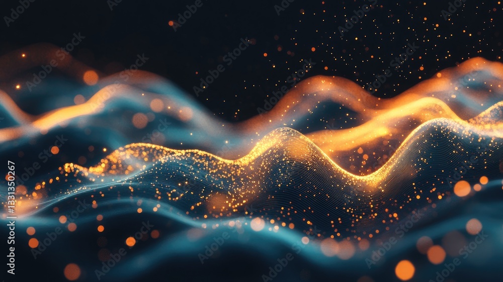 Poster abstract waves with glowing particles and light effects in dark background for digital art or techno