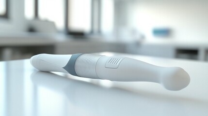 Close-up of a sleek, white medical device on a table in a sterile environment.
