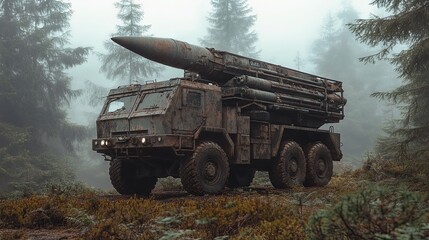 A military vehicle with a rocket launcher located in the forest symbolizes the wartime situation