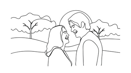 Line art depicts a happy couple embracing in a scenic landscape with trees, hills, and a sunset behind them. Their laughter is palpable.